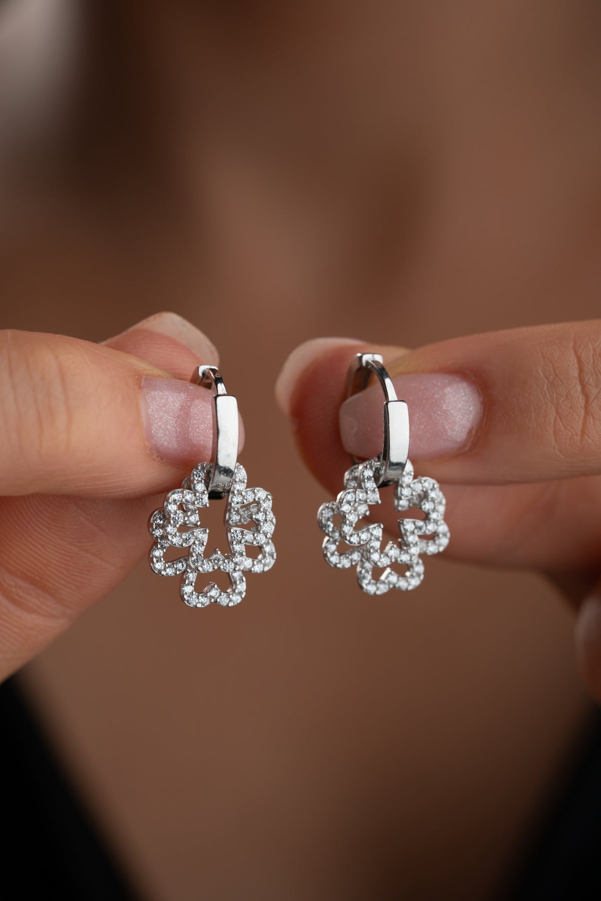 Pave Flower Charm Hoop Earrings
