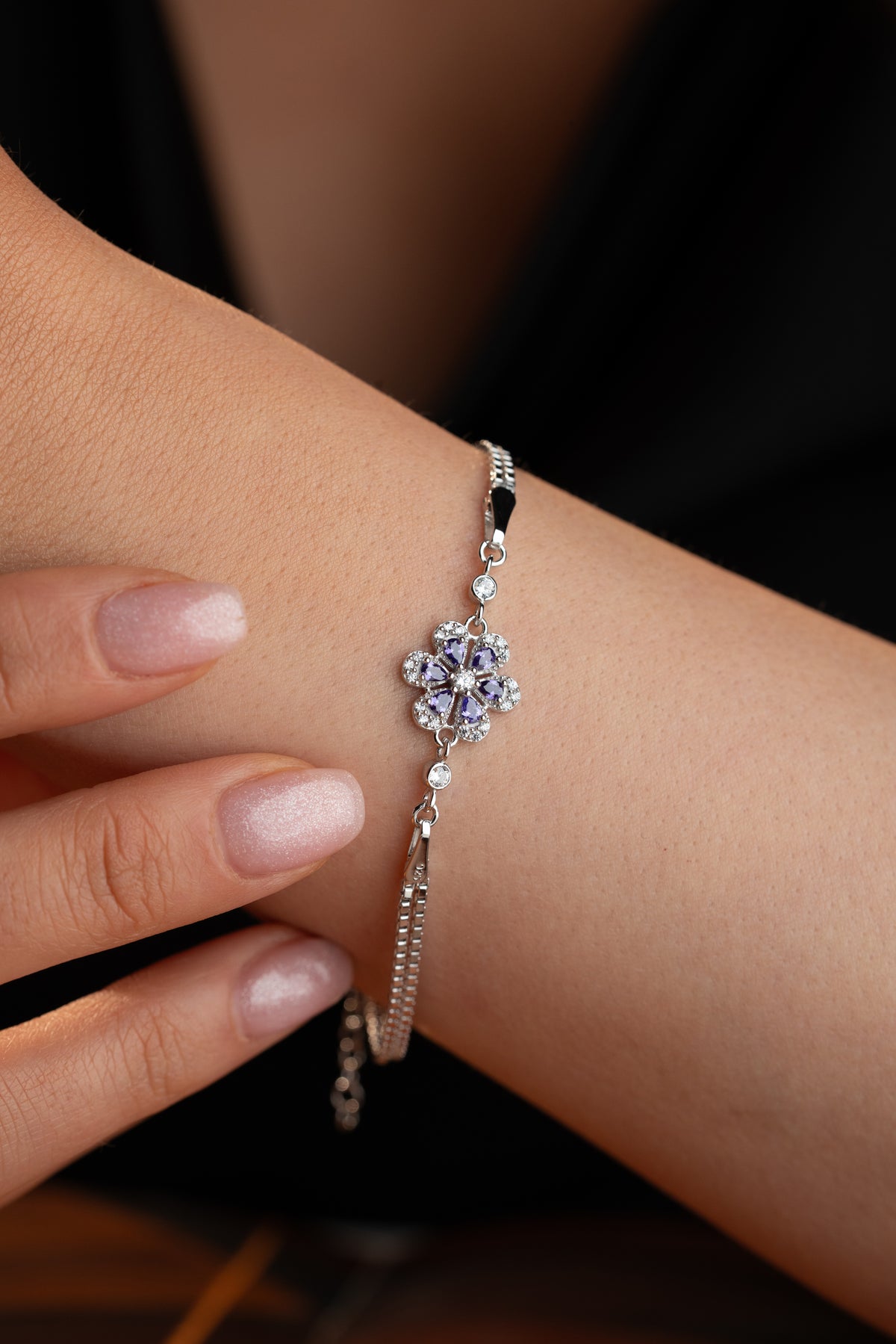 Purple Flower Charm Chain Bracelet