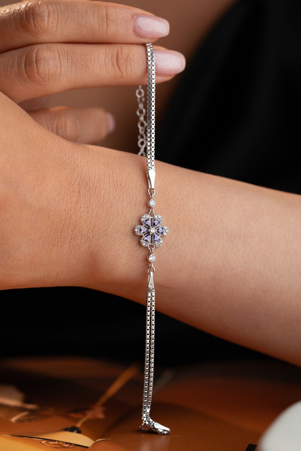 Purple Flower Charm Chain Bracelet