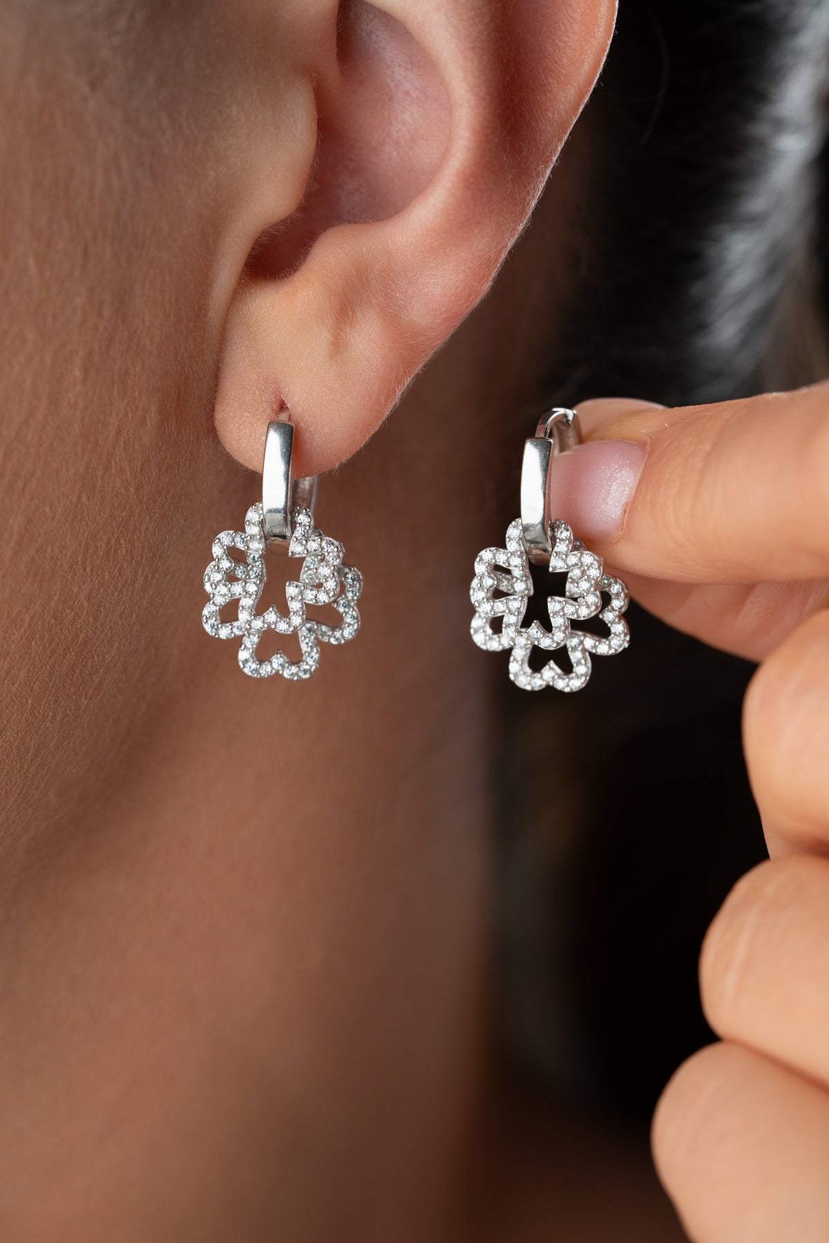 Pave Flower Charm Hoop Earrings