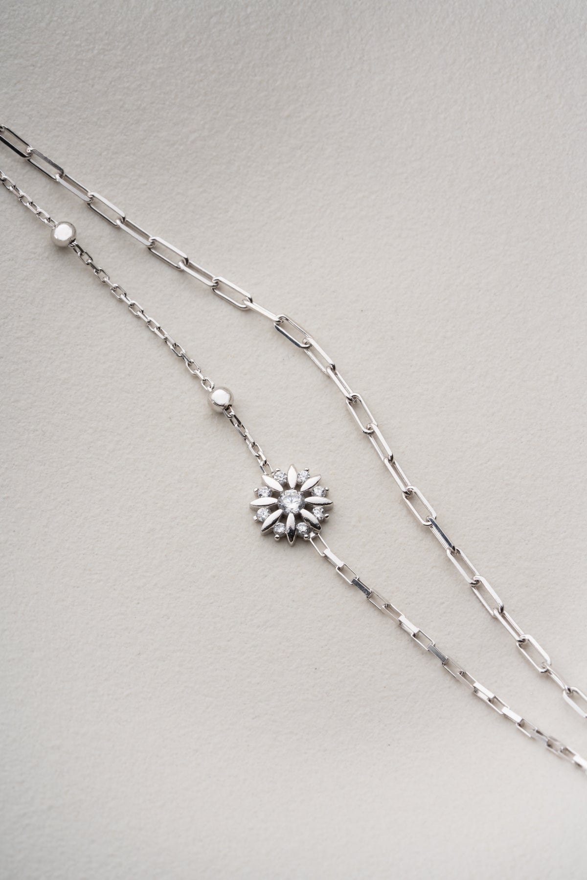Double Chain Flower Charm Bracelet in Silver