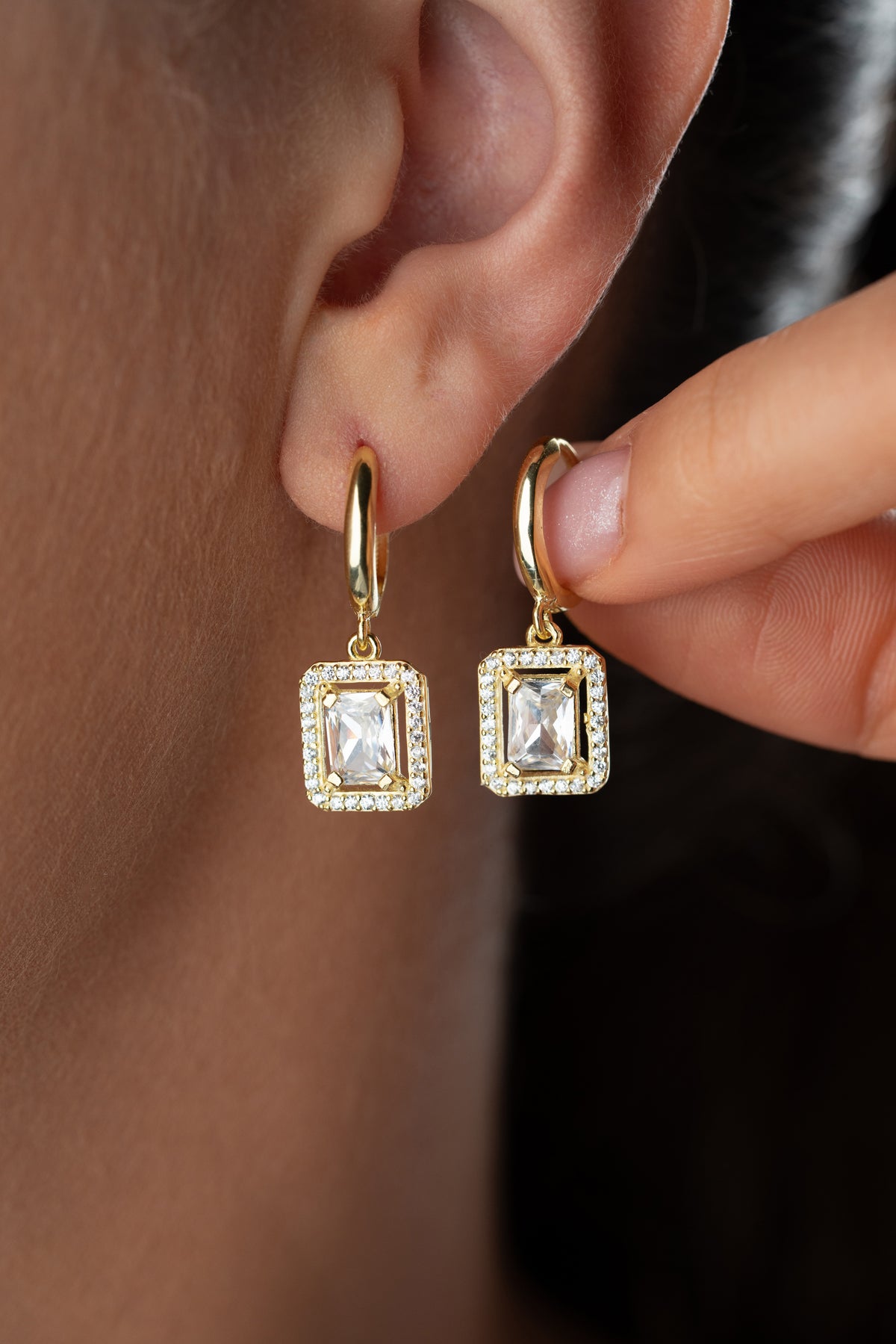 Emerald Cut Crystal Halo Earrings
