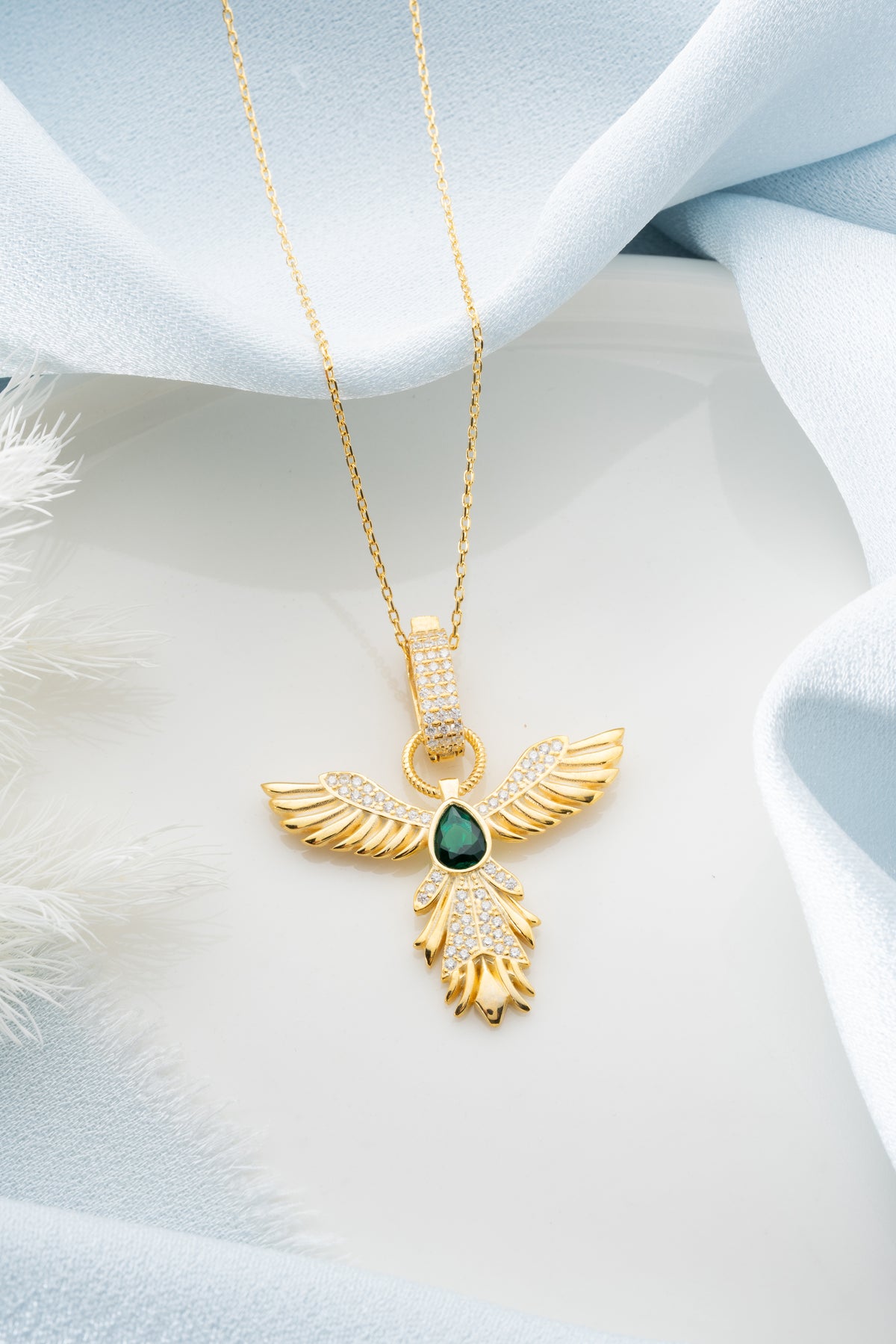 Phoenix Wings Emerald Pendant Necklace