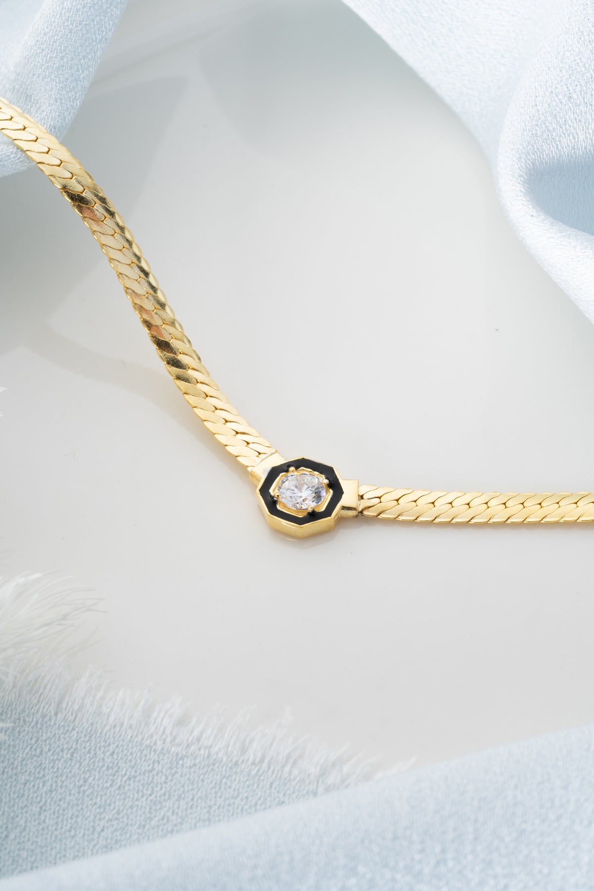 Black Enamel Stone Herringbone Necklace