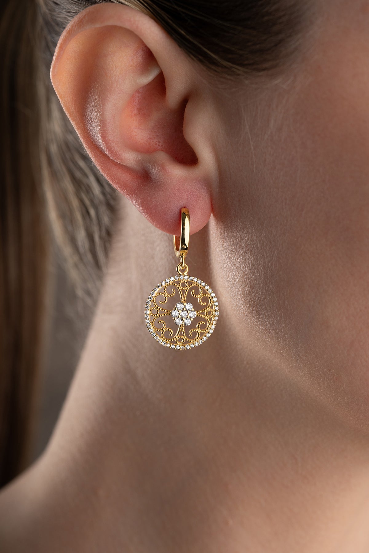 Gold Filigree Medallion Drop Earrings