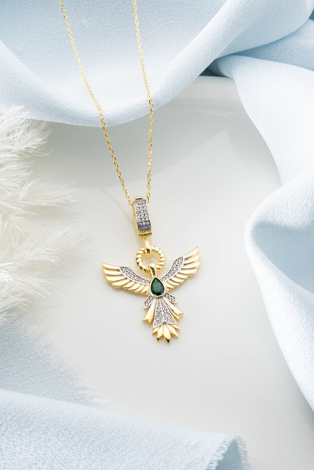 Golden Phoenix Emerald Pendant Necklace