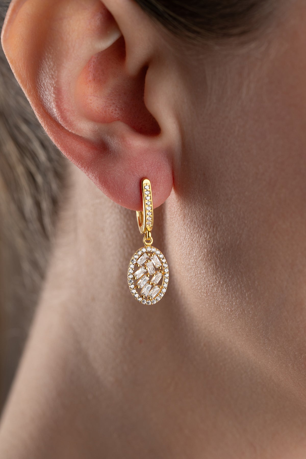 Baguette Crystal Oval Drop Huggie Earrings