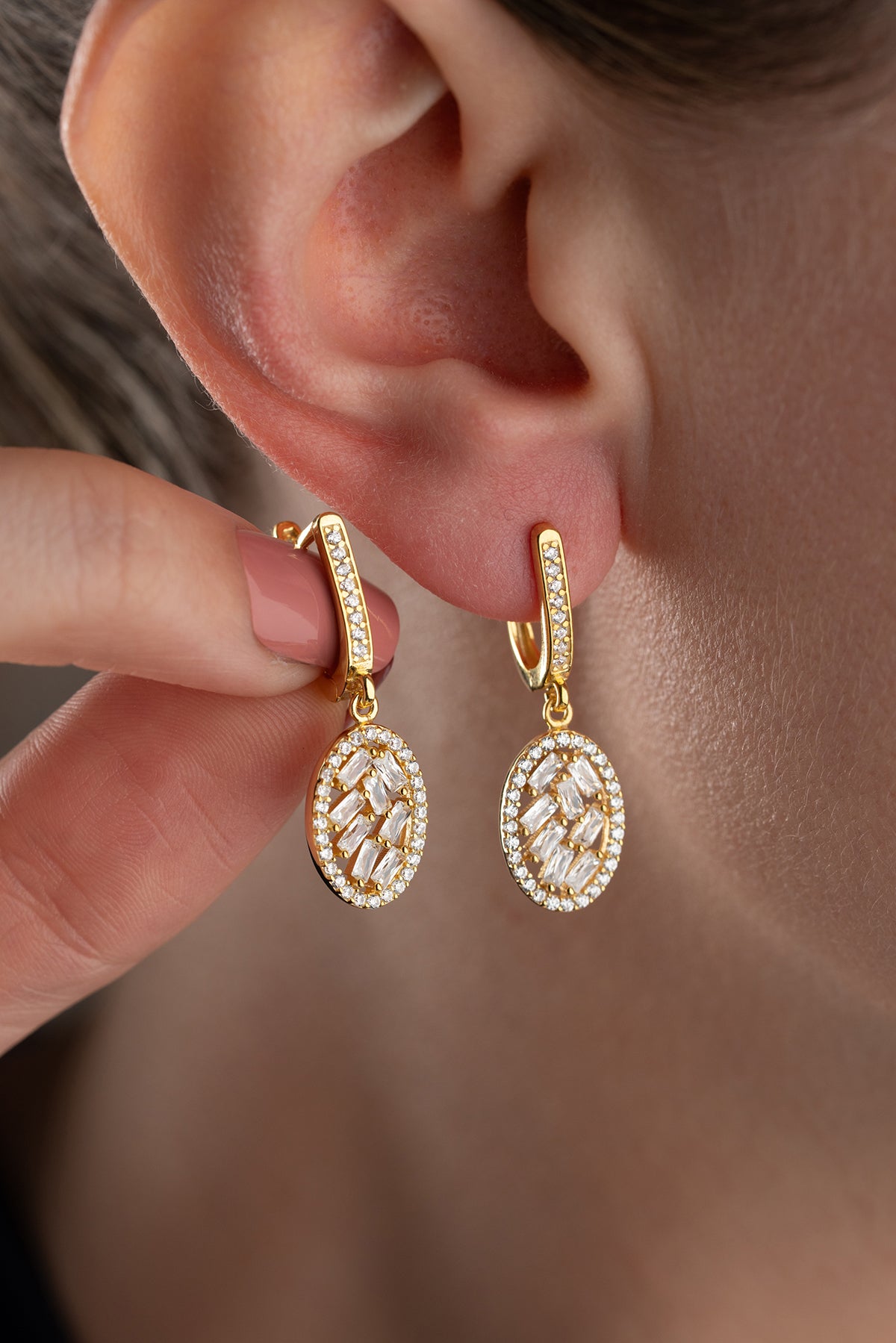 Baguette Crystal Oval Drop Huggie Earrings