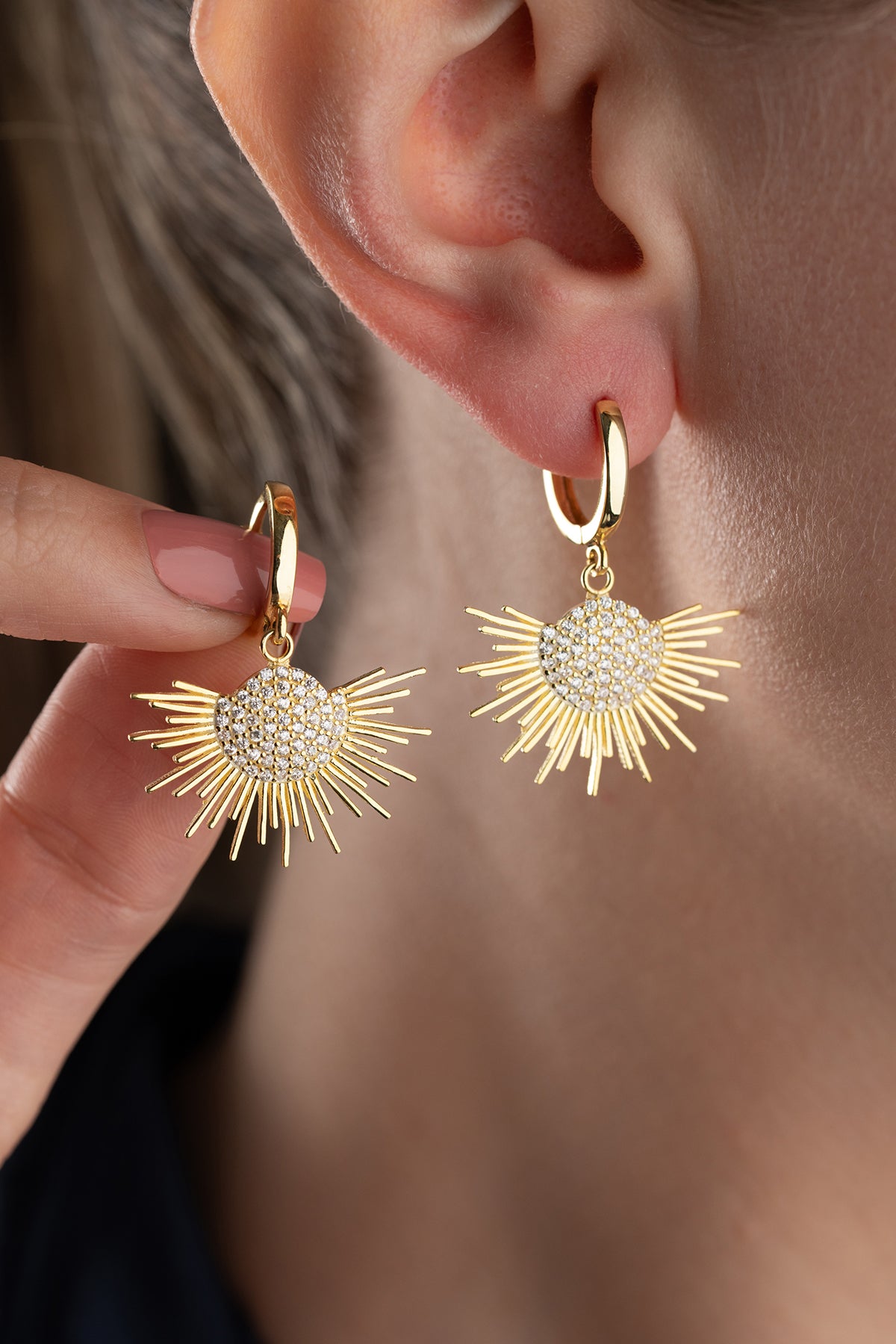 Sunburst Pave Drop Huggie Earrings