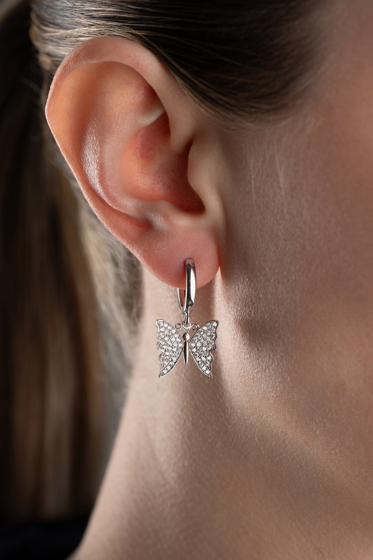 Pave Crystal Butterfly Hoop Earrings