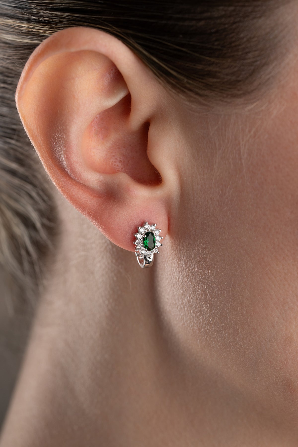 Emerald Oval Halo Huggie Earrings