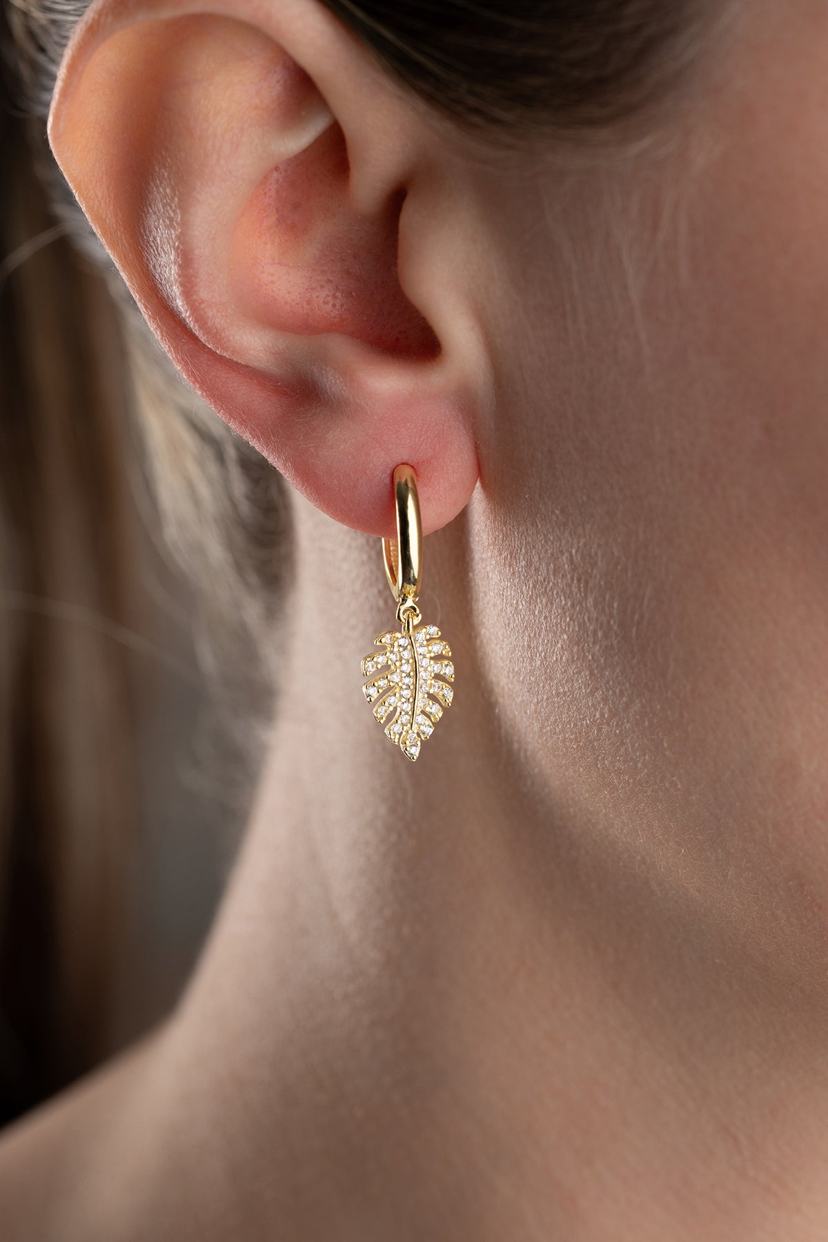Pave Tropical Leaf Huggie Earrings