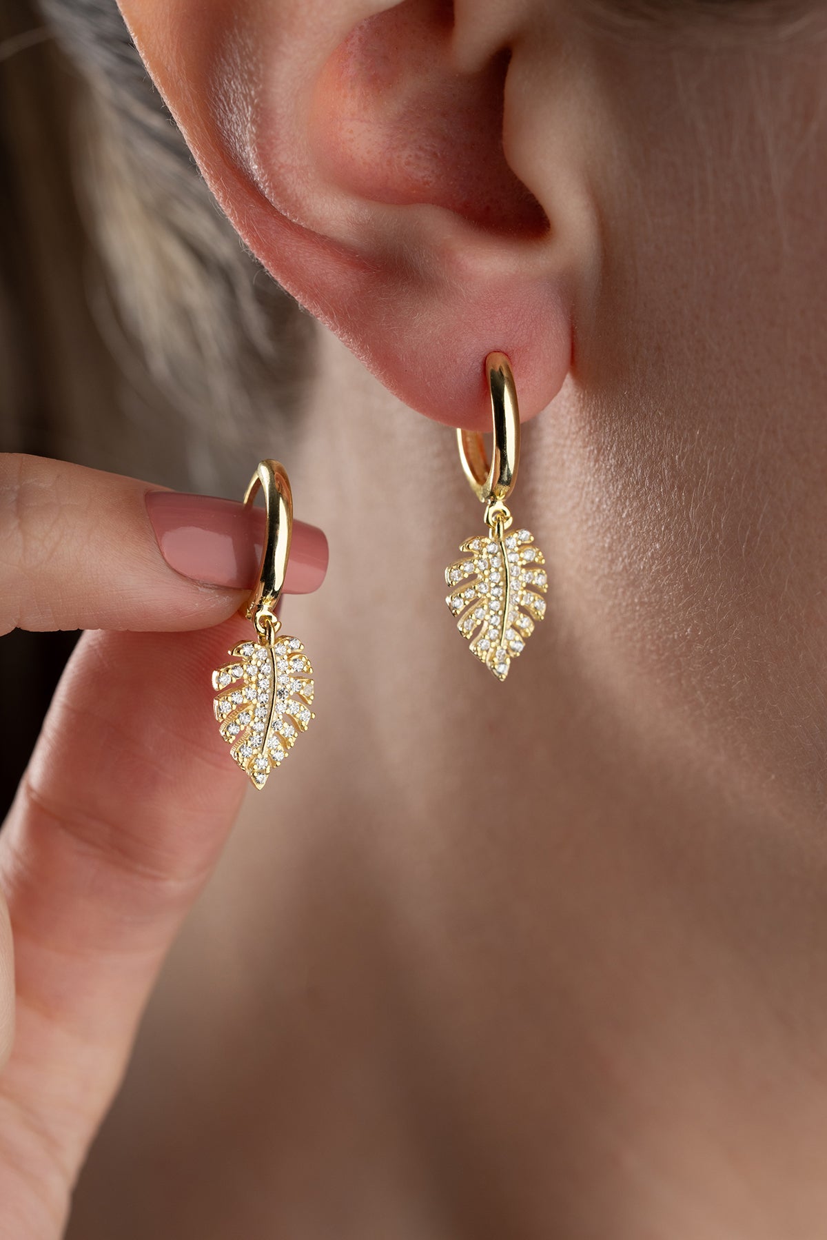 Pave Tropical Leaf Huggie Earrings