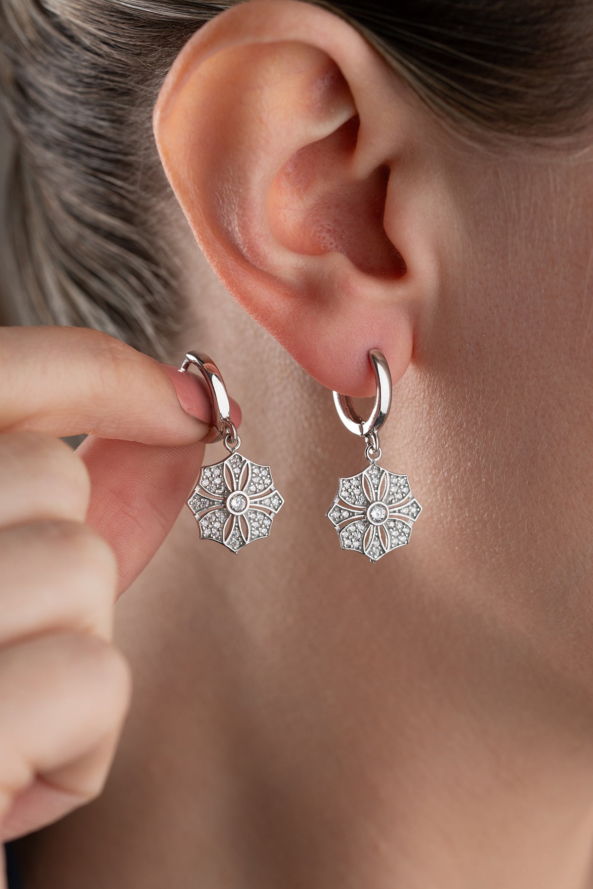 Pave Flower Medallion Drop Earrings