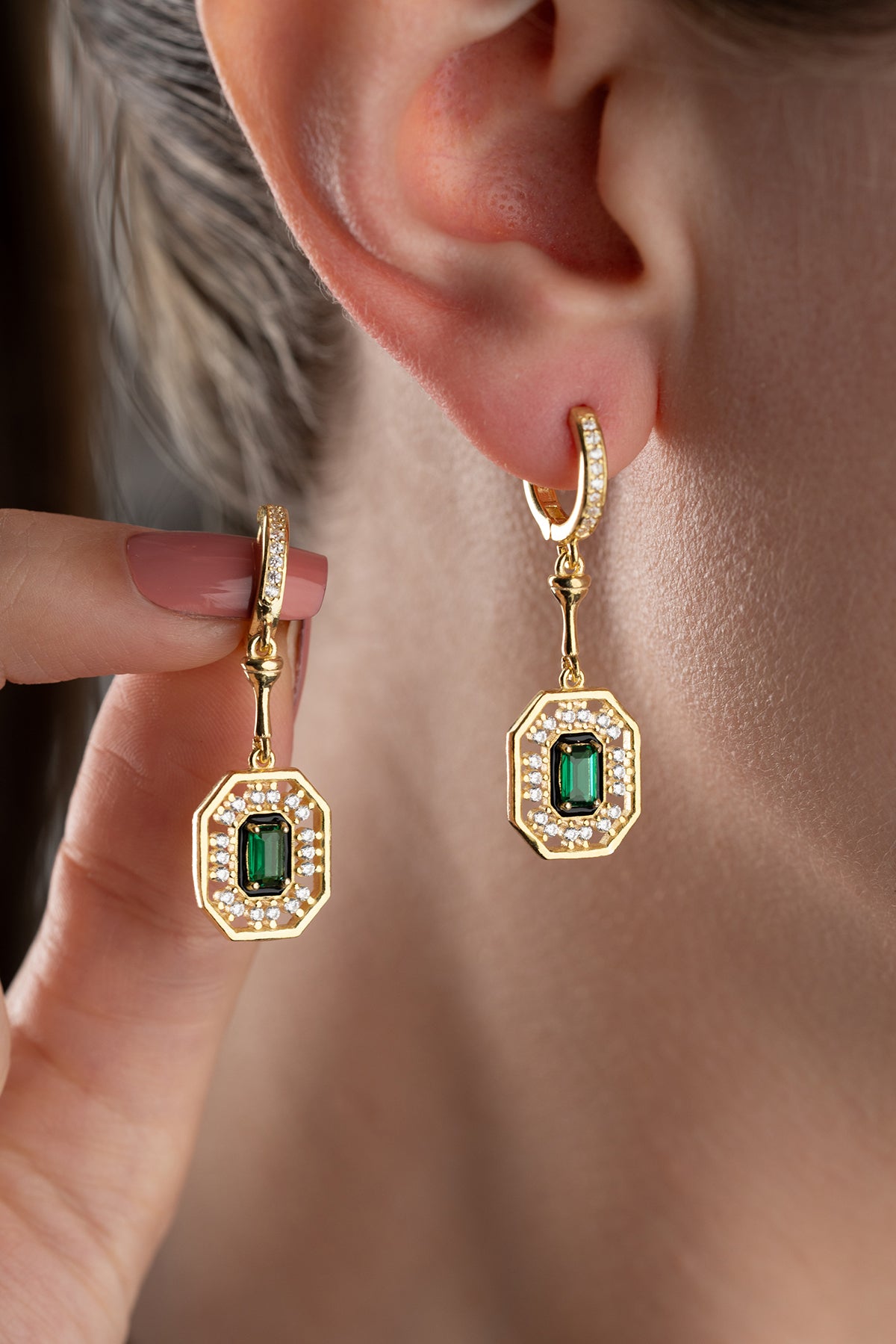 Emerald Cut Halo Drop Earrings