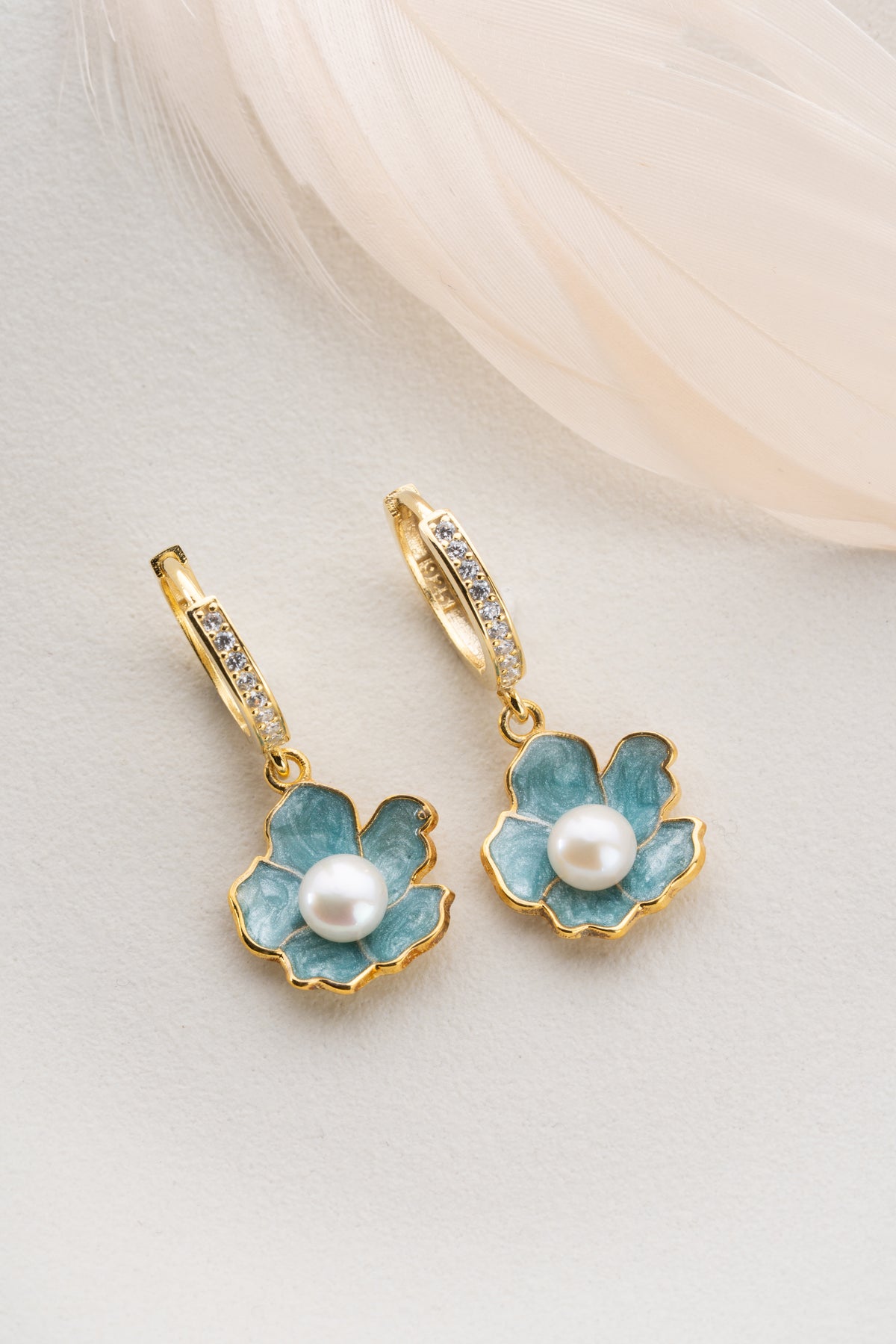 Teal Flower Pearl Drop Earrings