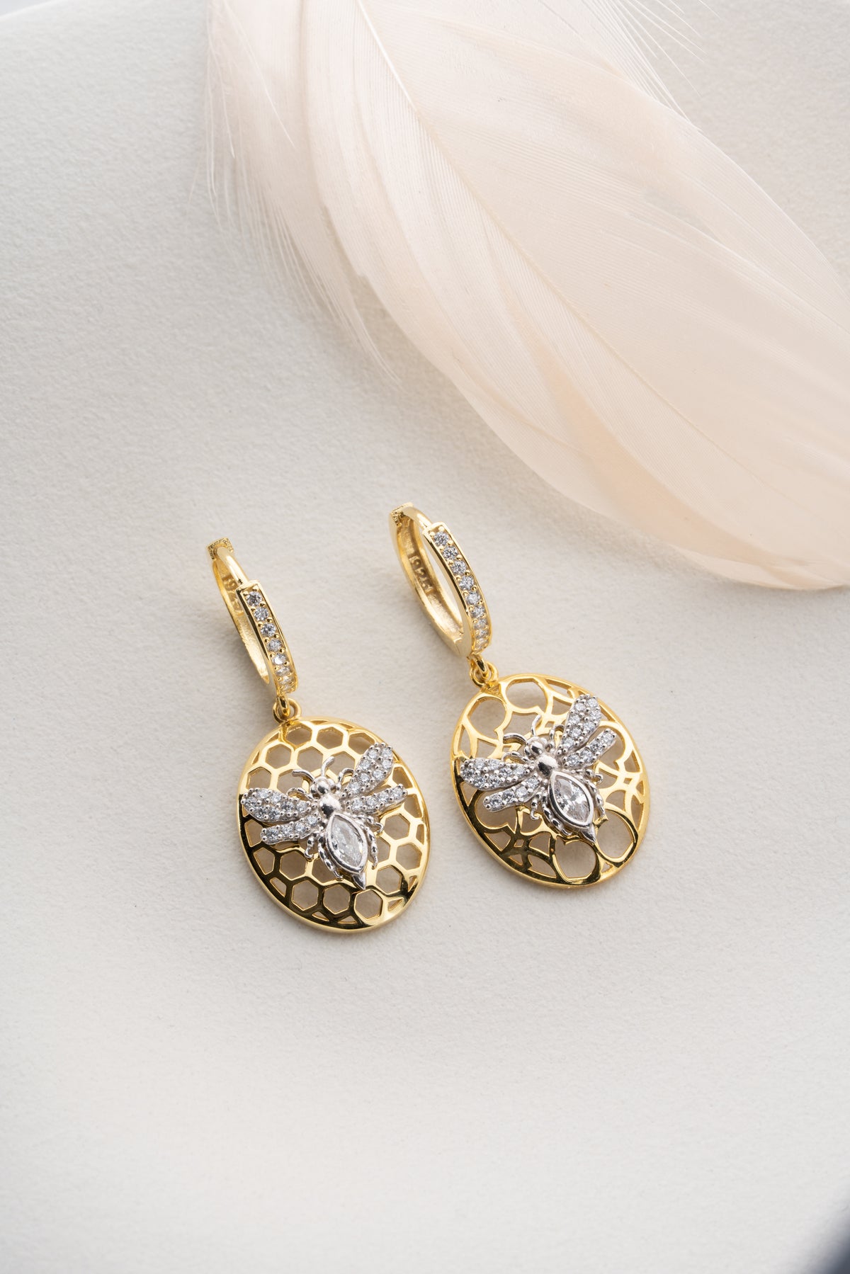 Honeycomb Bee Drop Earrings in Gold