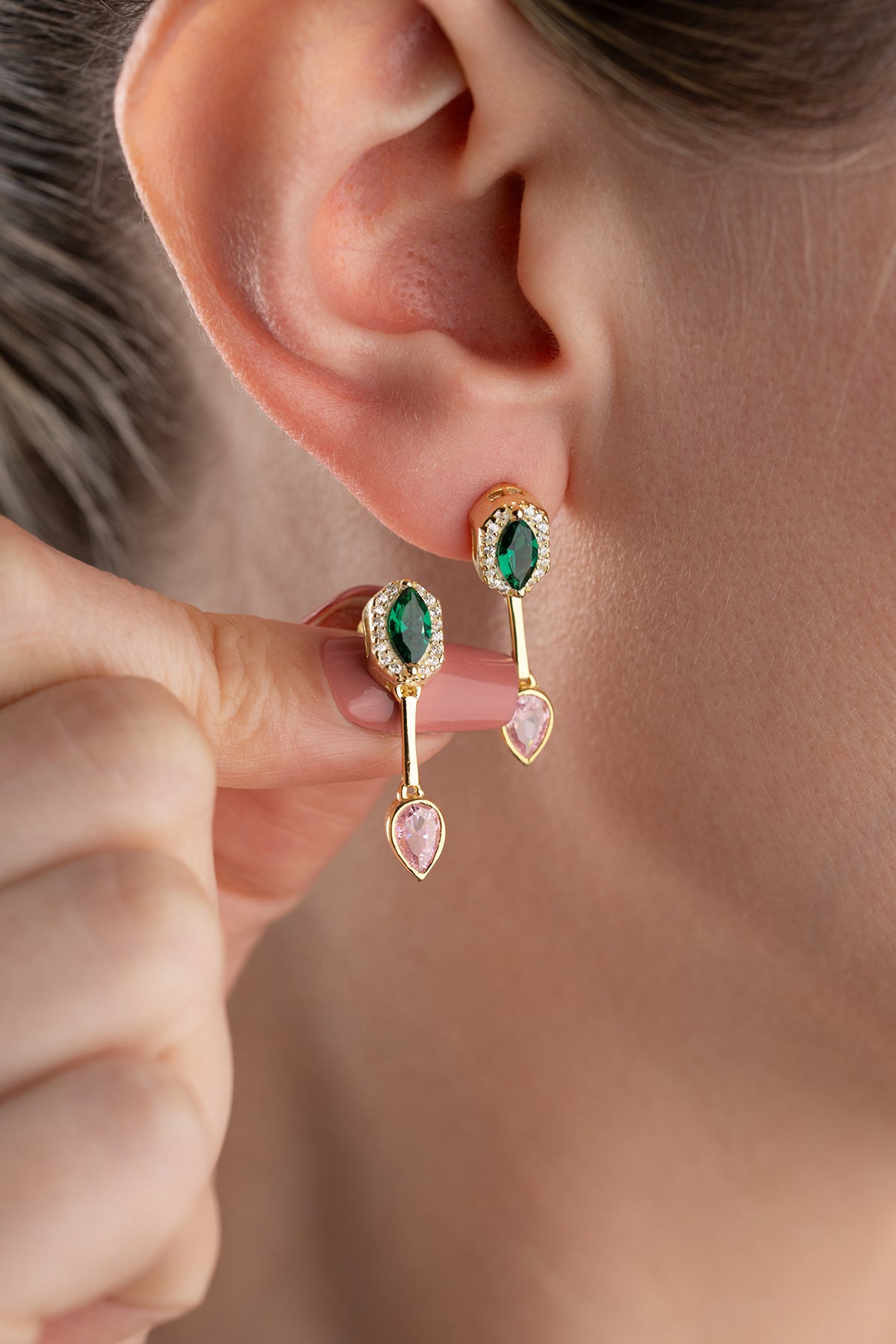 Emerald Green and Pink Crystal Drop Earrings