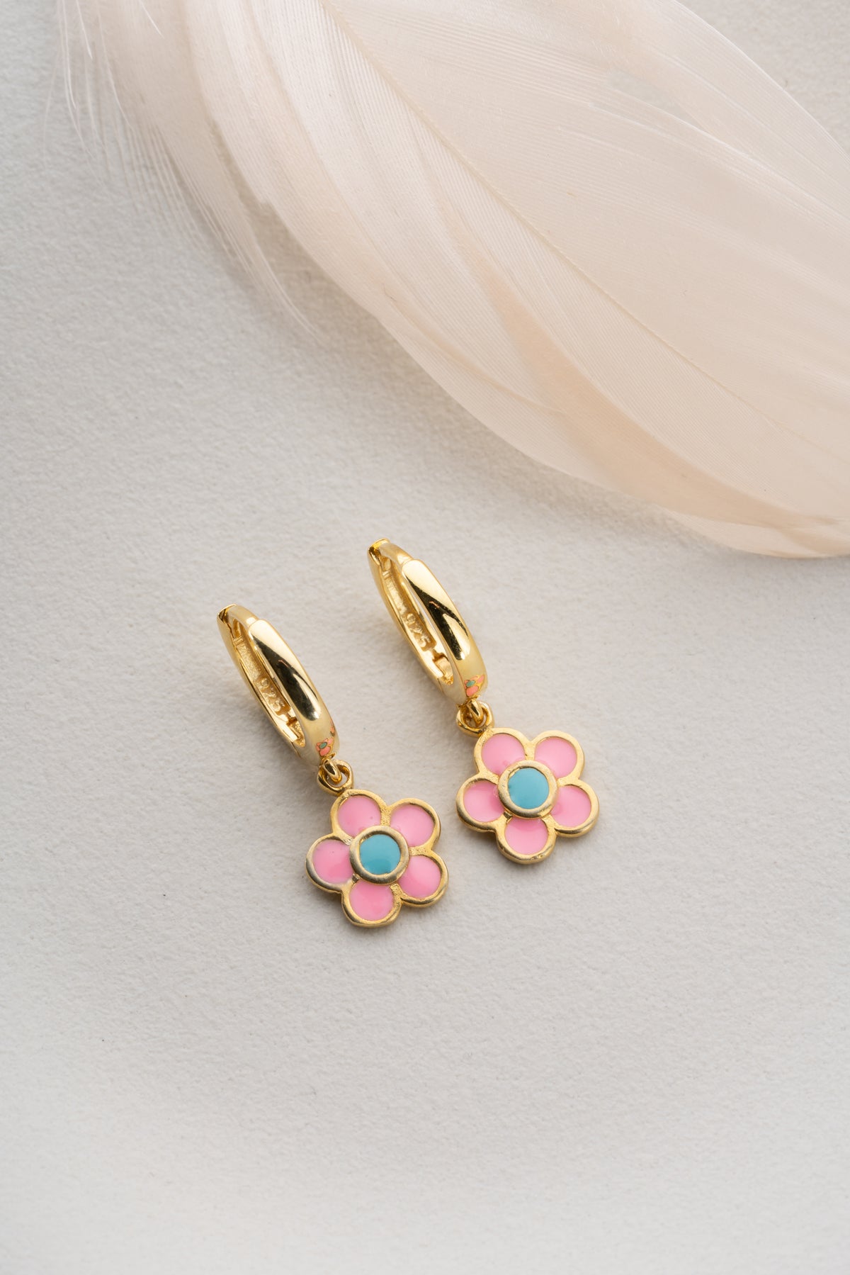 Pink Flower Enamel Huggie Hoop Earrings
