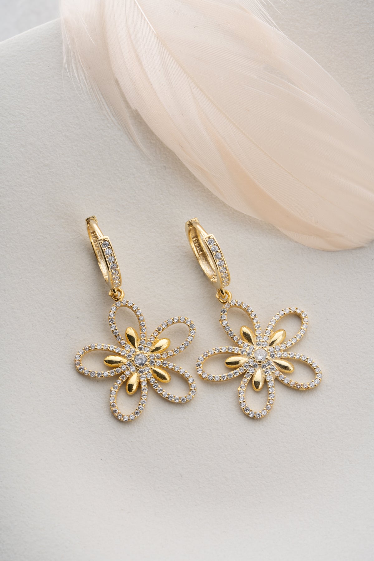 Gold Pave Flower Drop Earrings