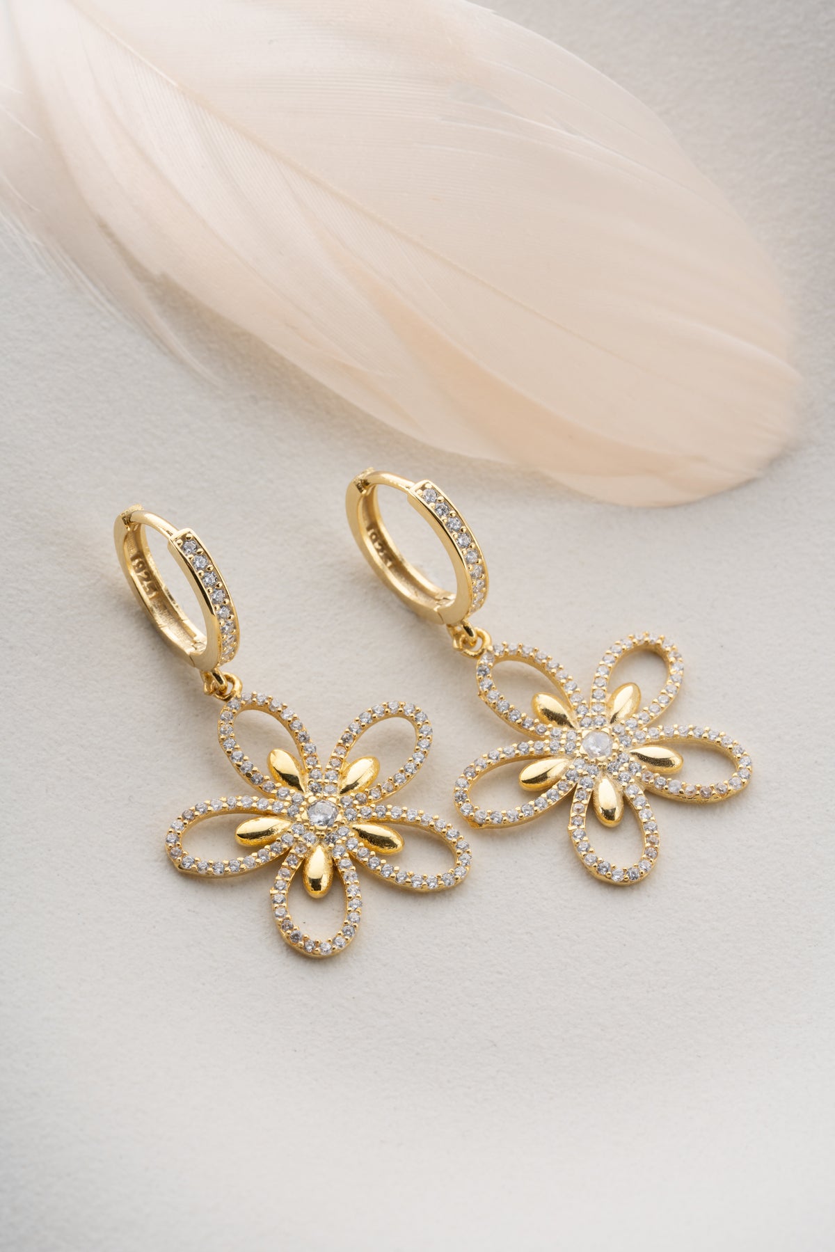 Gold Pave Flower Drop Earrings