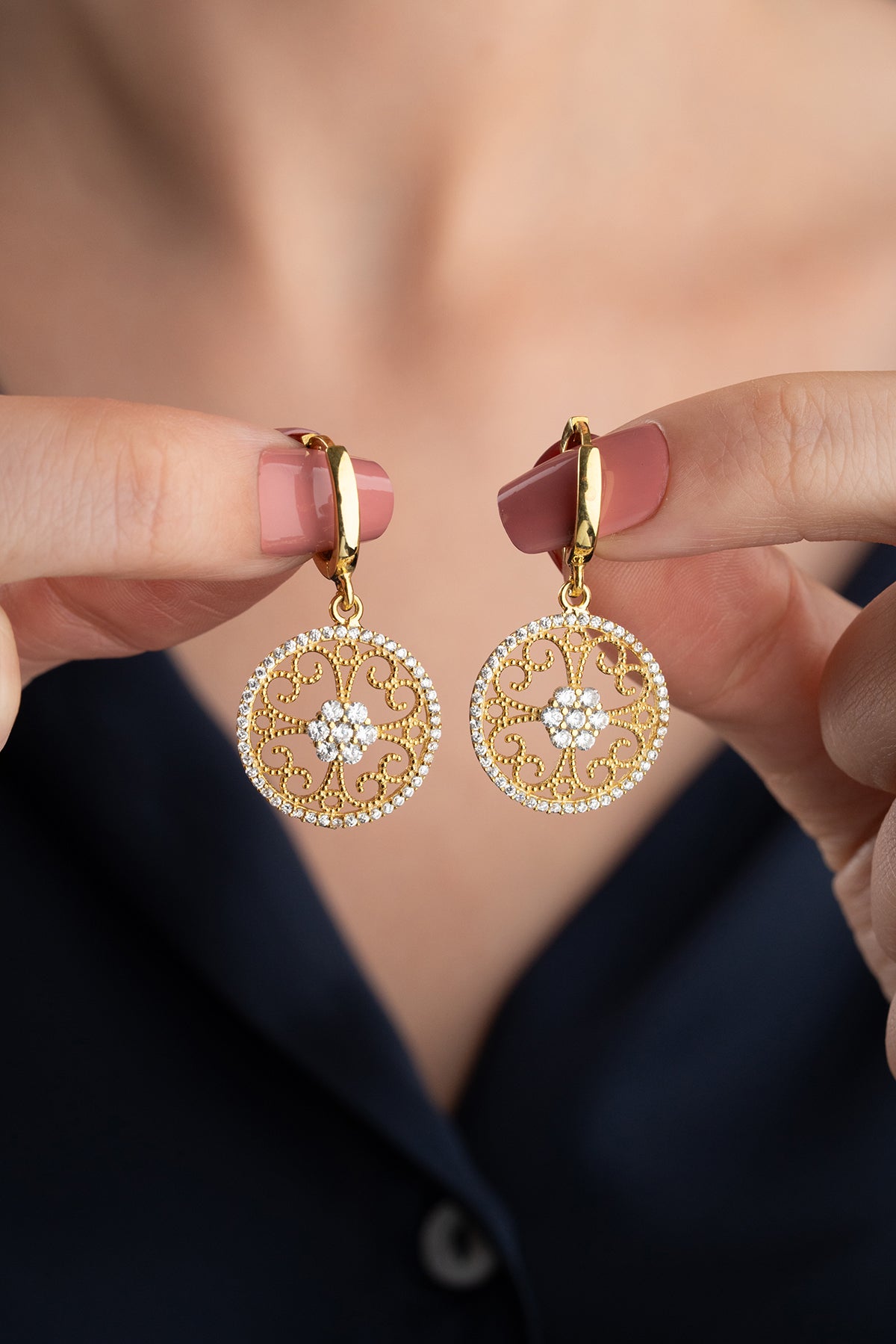 Gold Filigree Medallion Drop Earrings