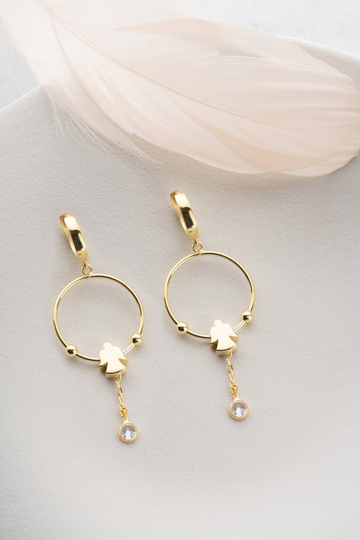 Angel Charm Hoop Drop Earrings in Gold