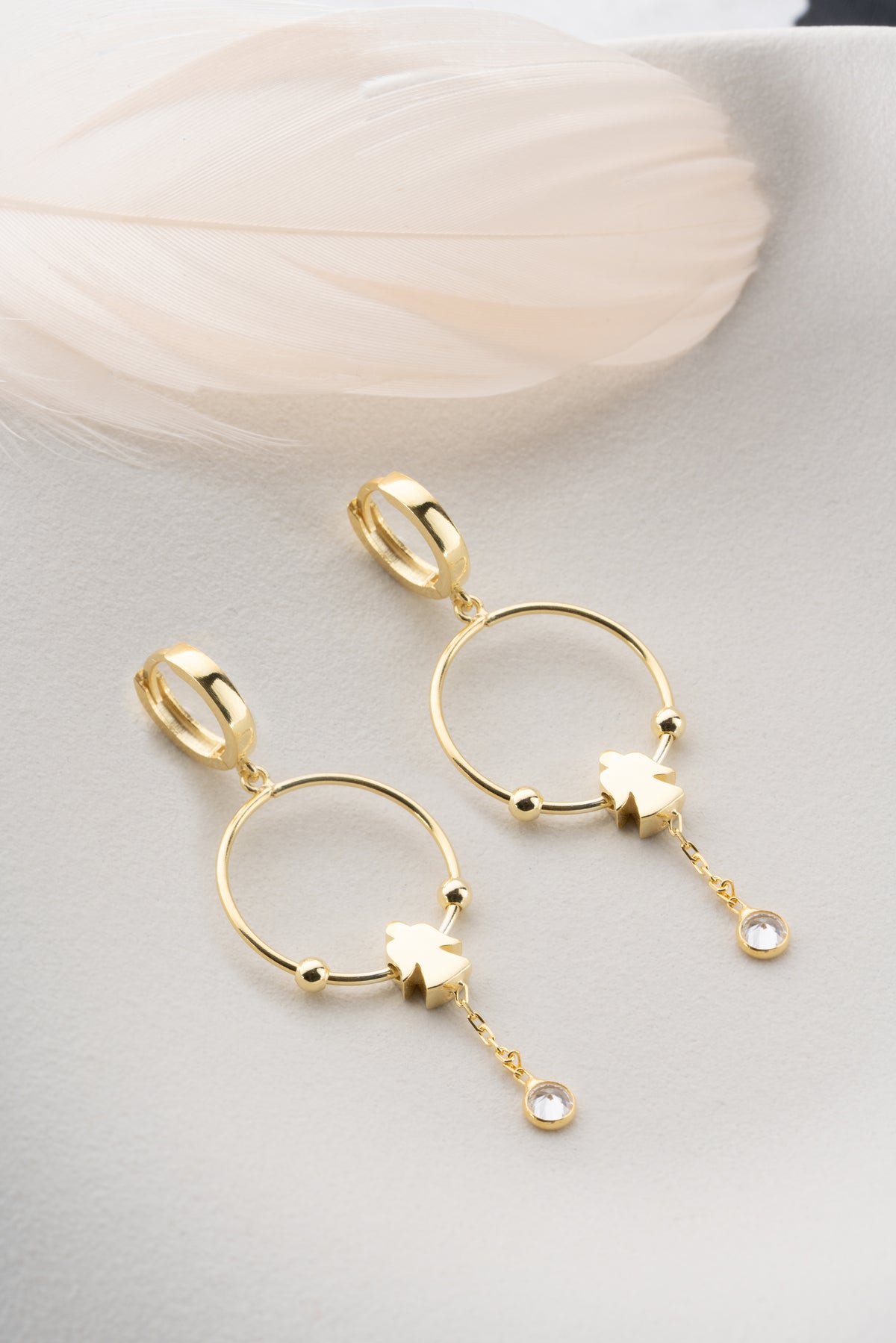 Angel Charm Hoop Drop Earrings in Gold