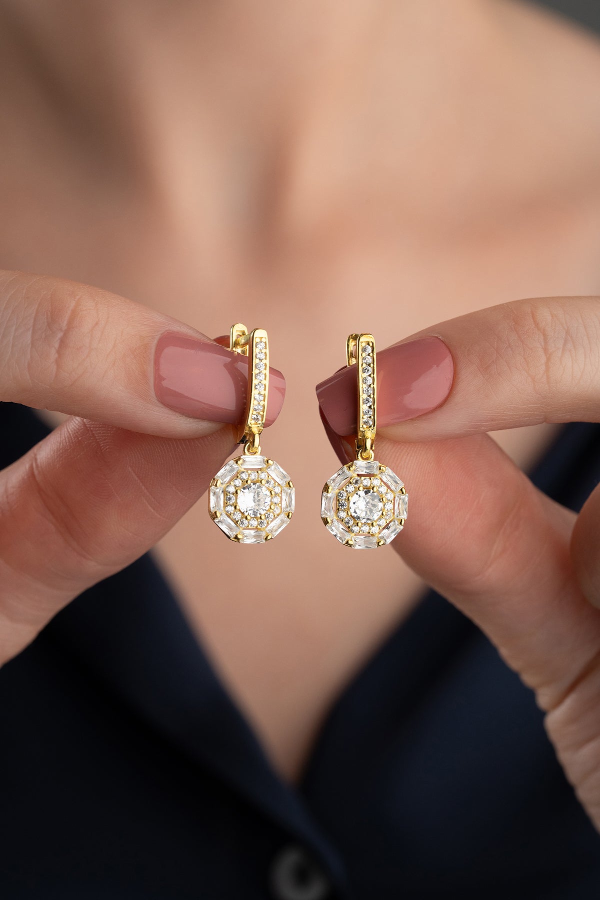 Flower Cluster Halo Drop Earrings
