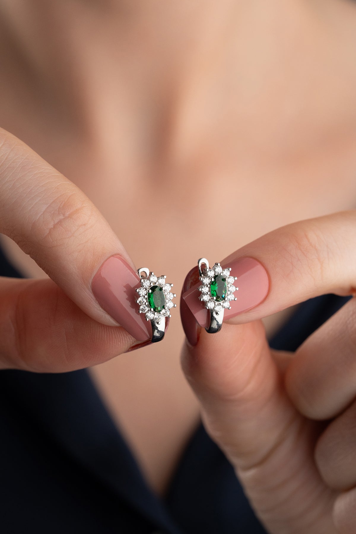 Emerald Oval Halo Huggie Earrings
