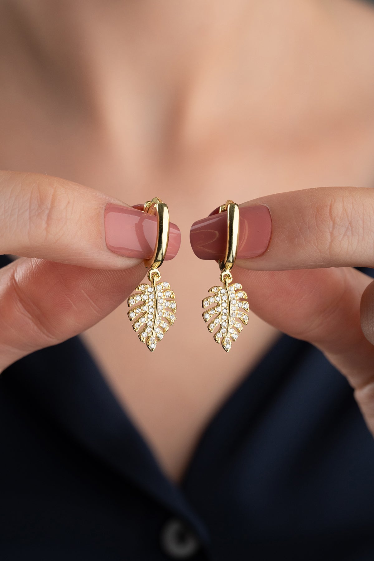 Pave Tropical Leaf Huggie Earrings