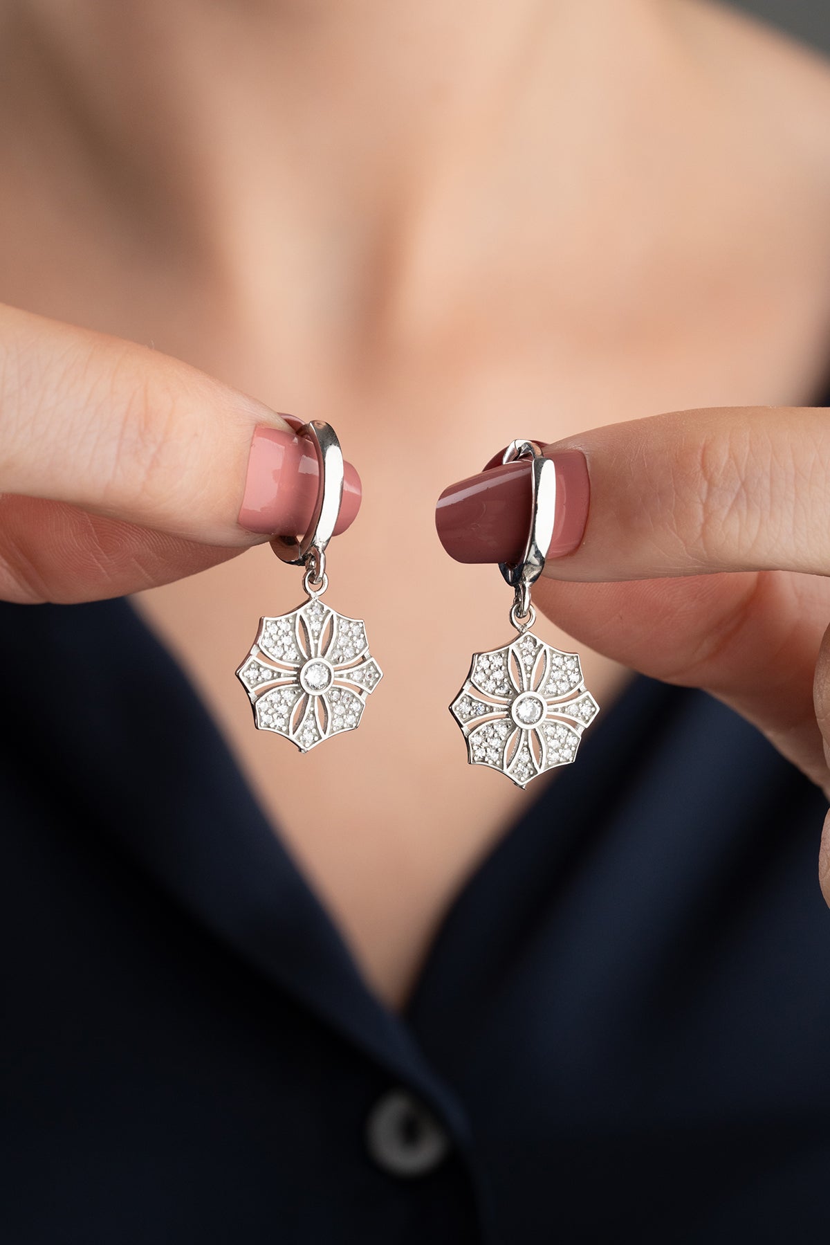 Pave Flower Medallion Drop Earrings