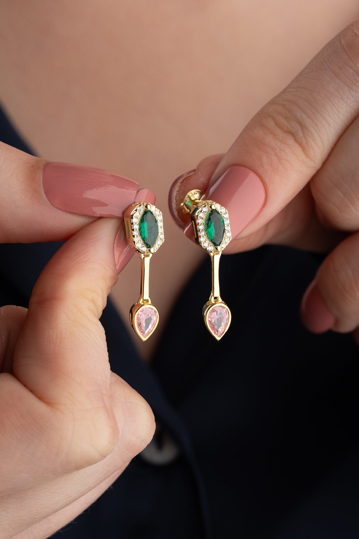 Emerald Green and Pink Crystal Drop Earrings