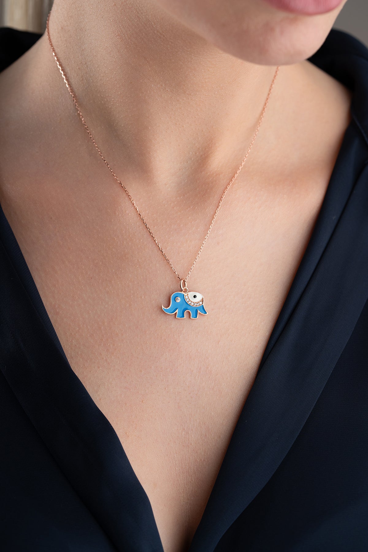 Evil Eye Elephant Charm Necklace in Rose Gold