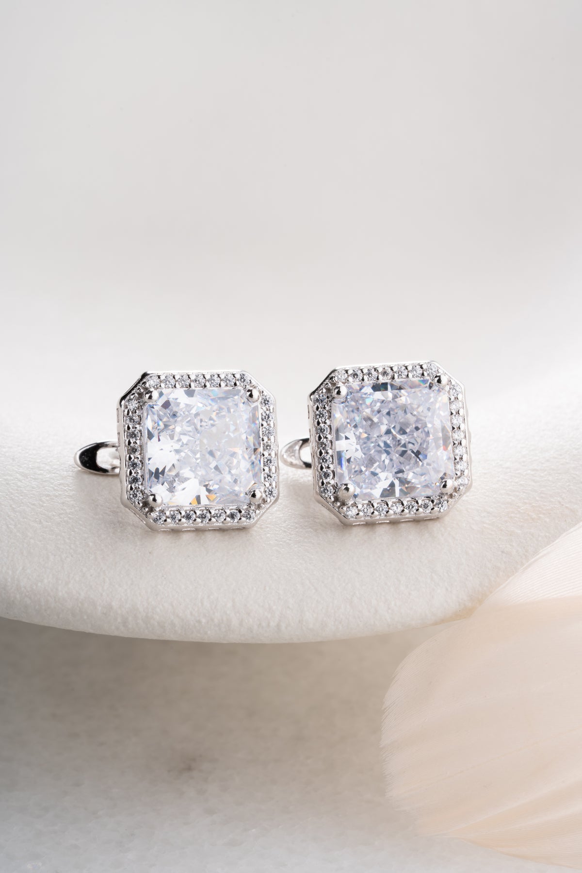 Asscher Cut Halo Drop Earrings in Silver