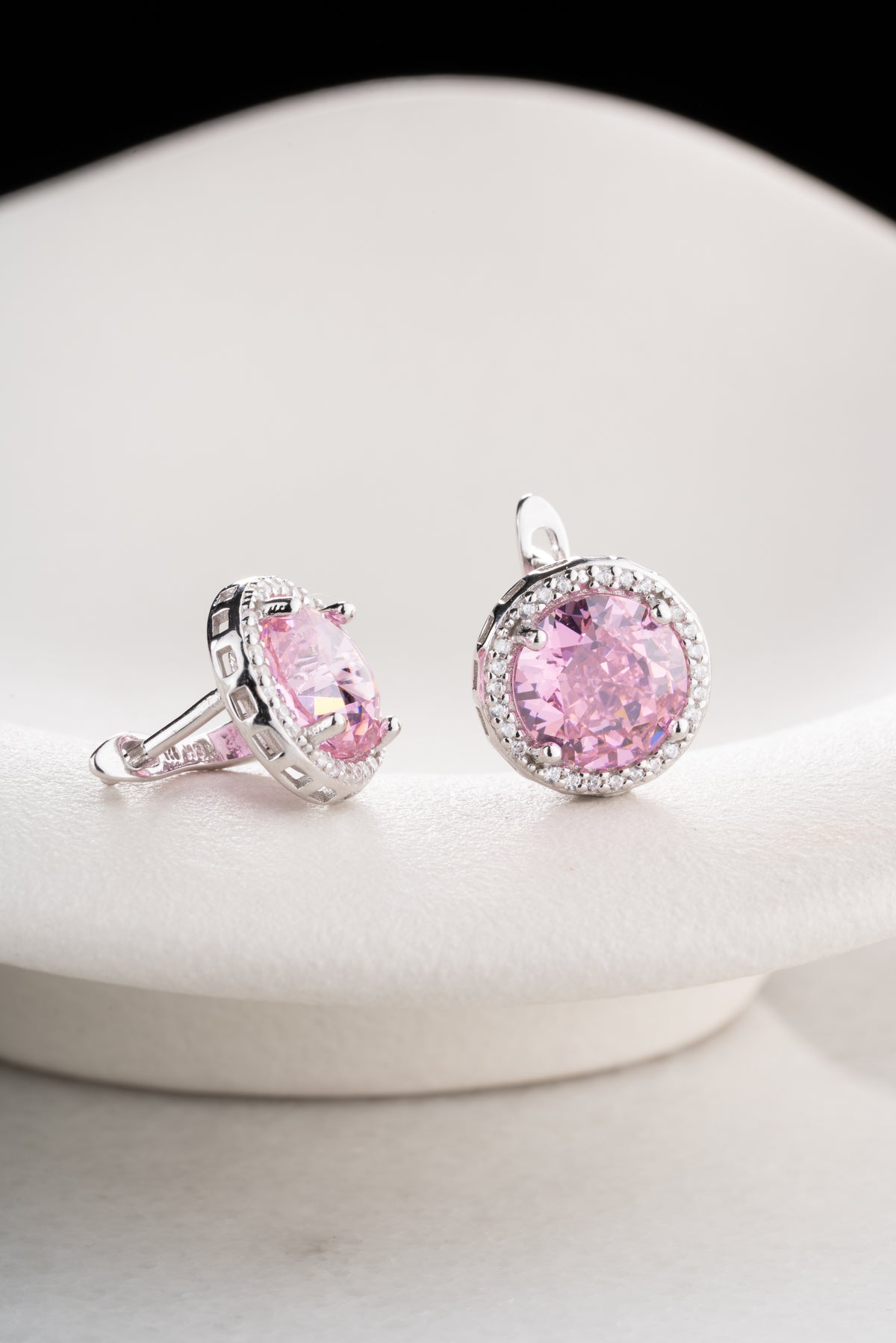 Pink Crystal Halo Earrings in Silver