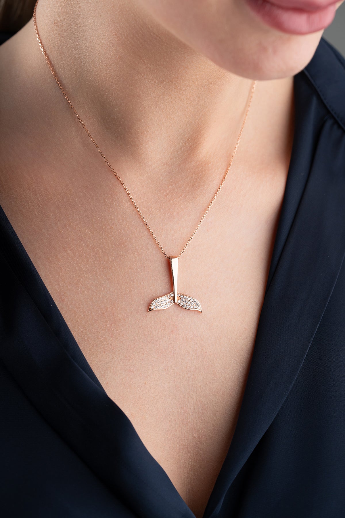 Whale Tail Pendant Necklace in Rose Gold