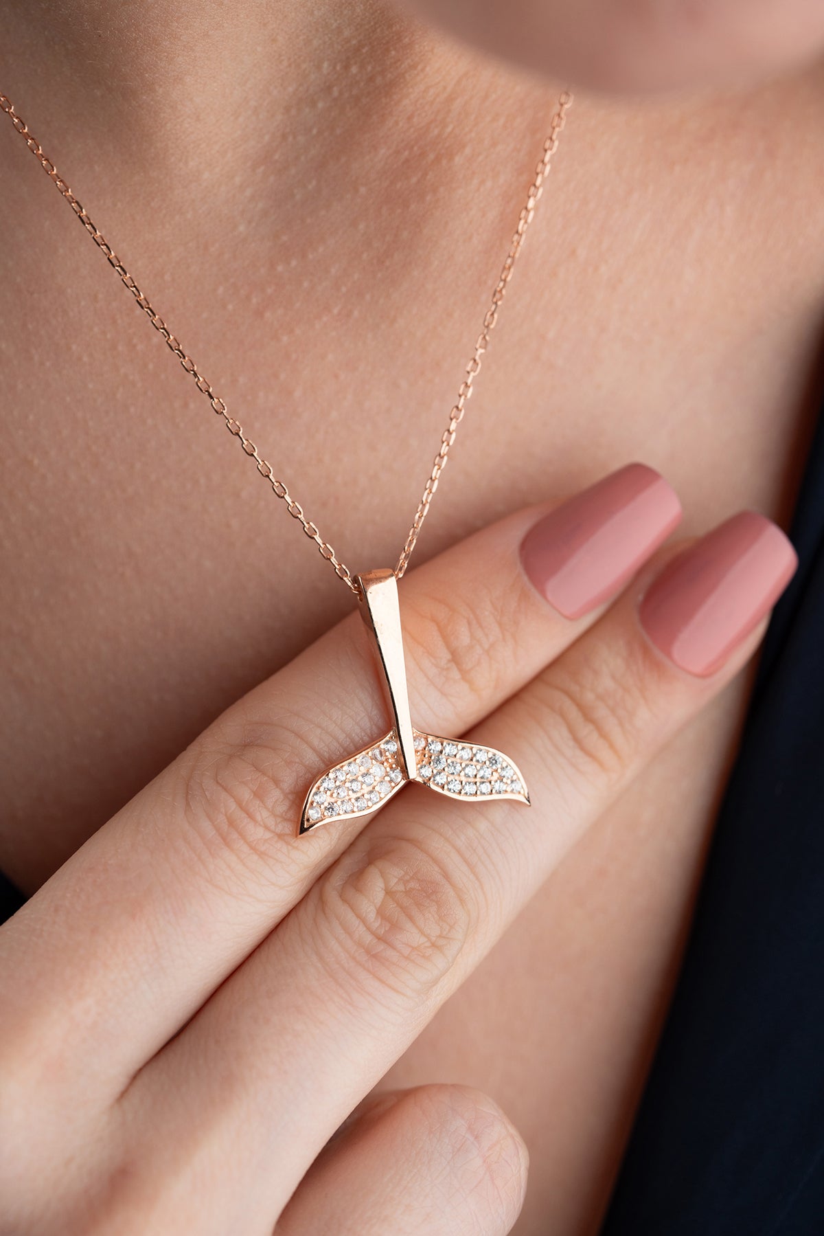 Whale Tail Pendant Necklace in Rose Gold