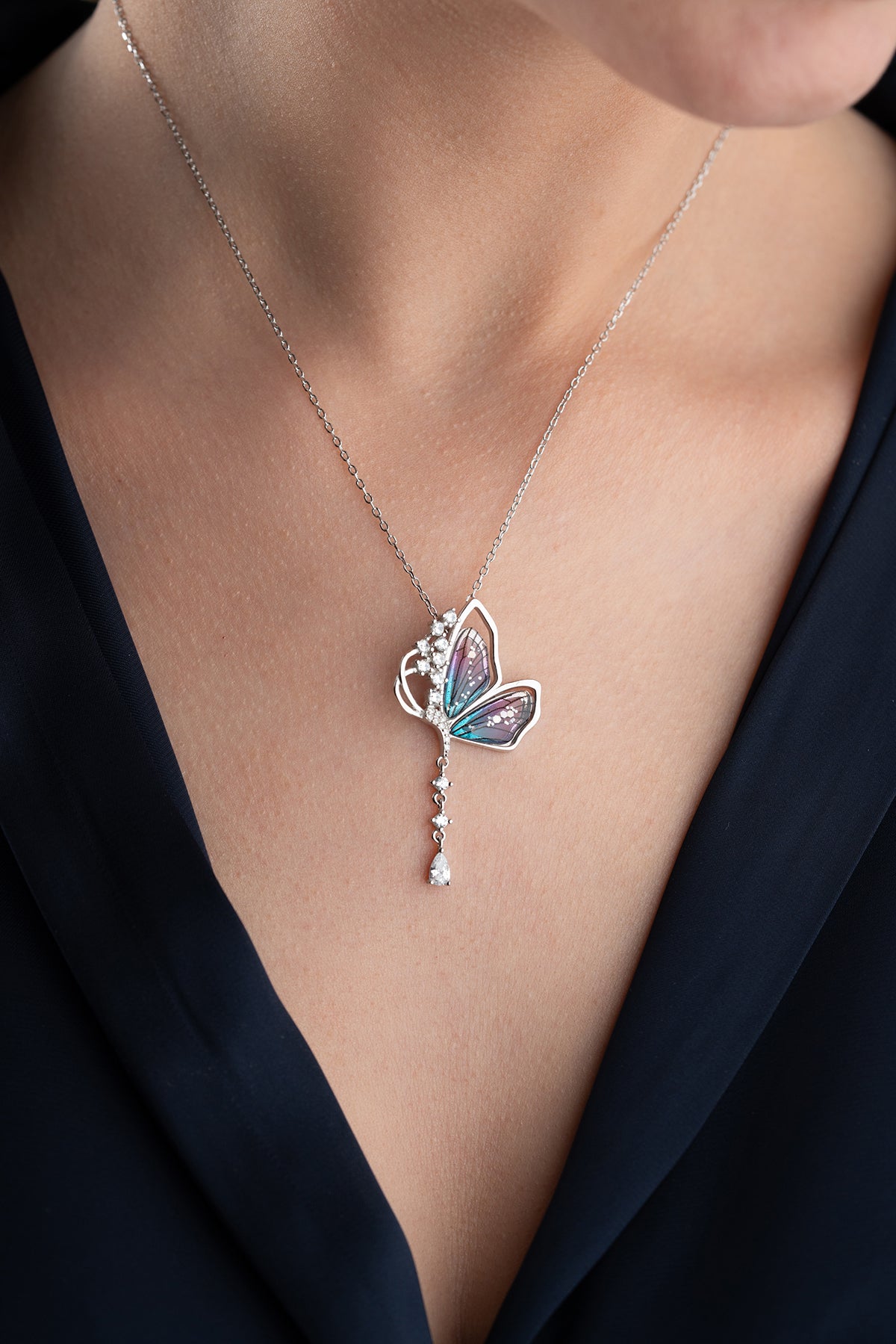 Iridescent Crystal Butterfly Necklace