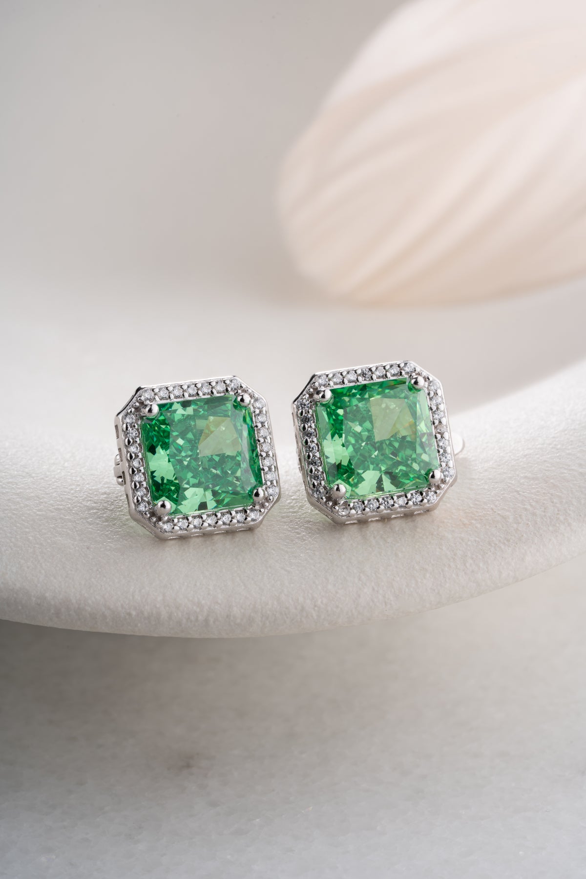 Emerald Green Square Halo Stud Earrings
