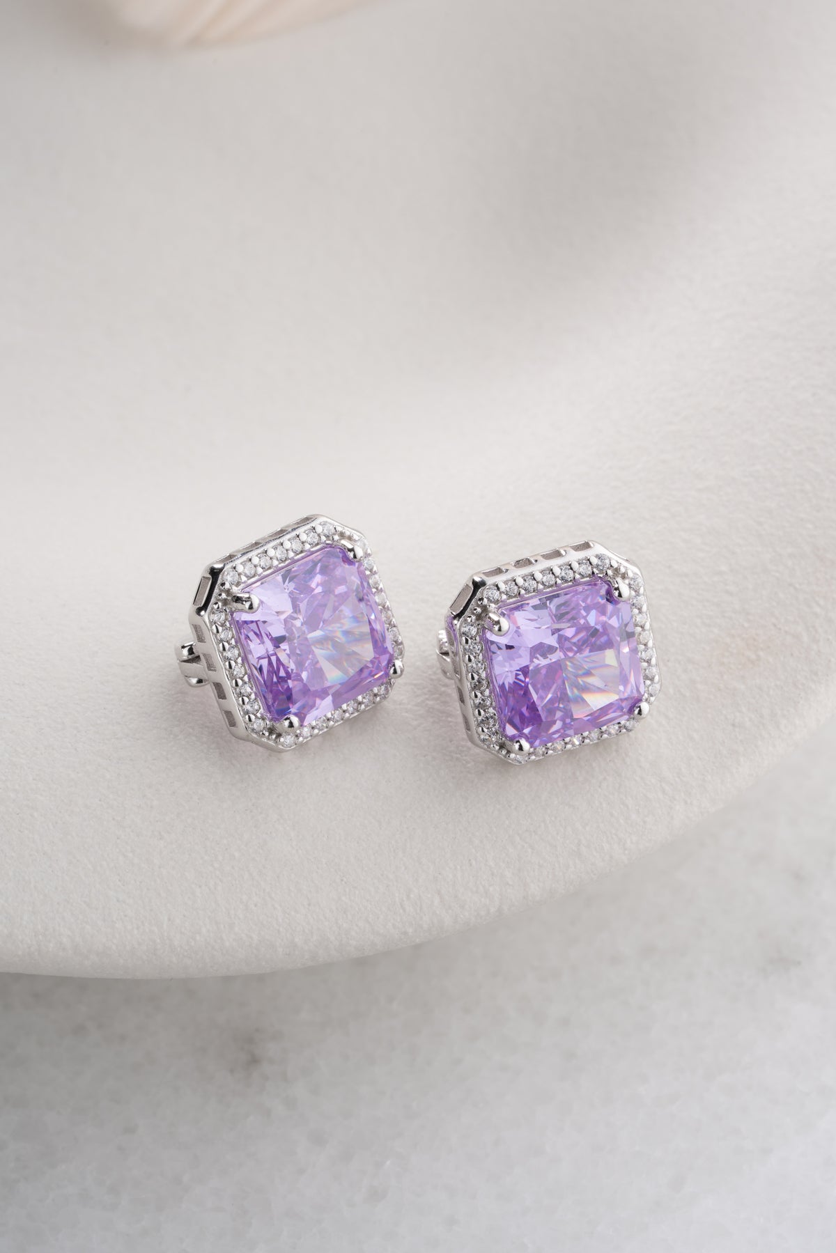 Amethyst Square Halo Stud Earrings