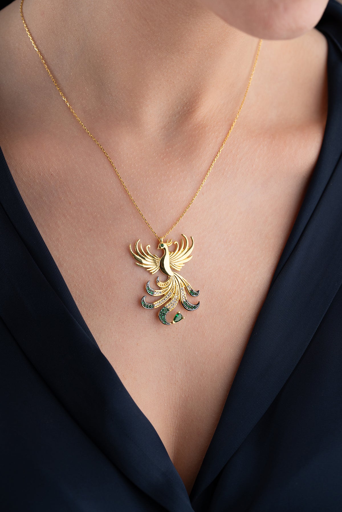 Phoenix Bird Pendant Necklace in Gold