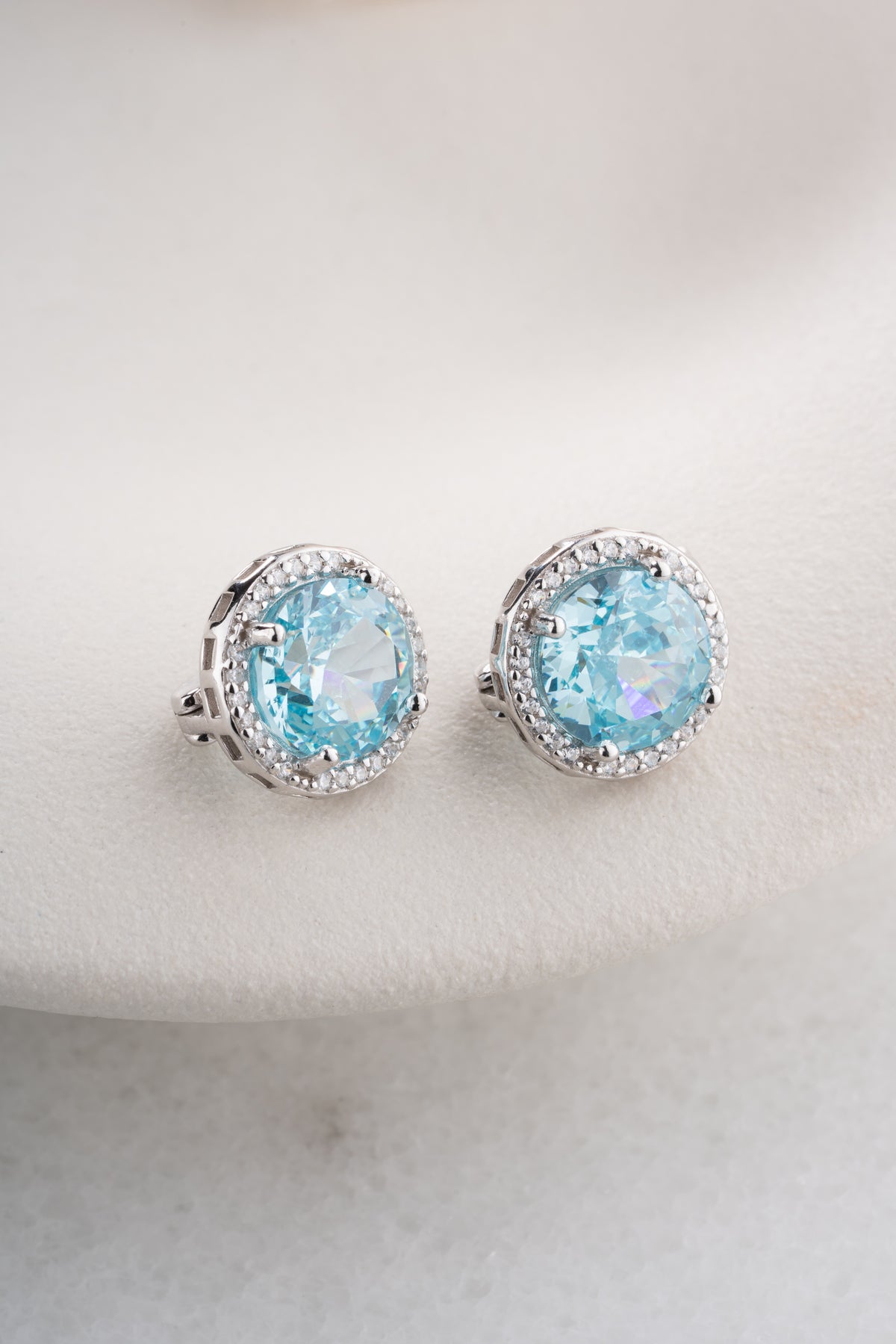 Aquamarine Blue Halo Stud Earrings