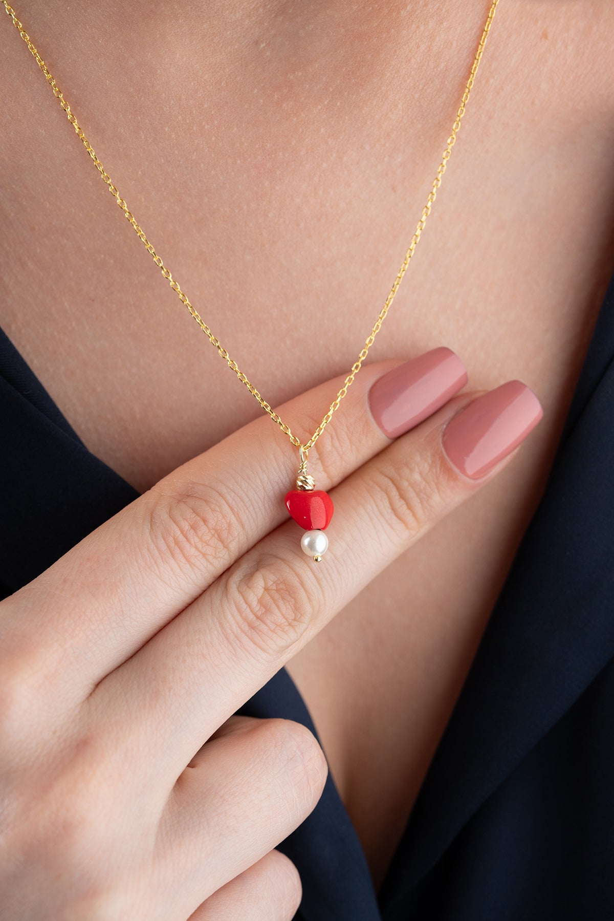 Red Heart and Pearl Charm Necklace