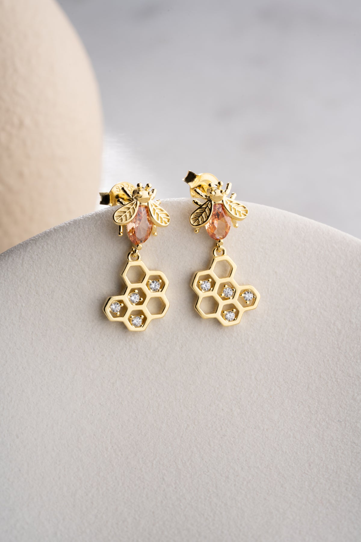 Bee Honeycomb Drop Earrings in Gold