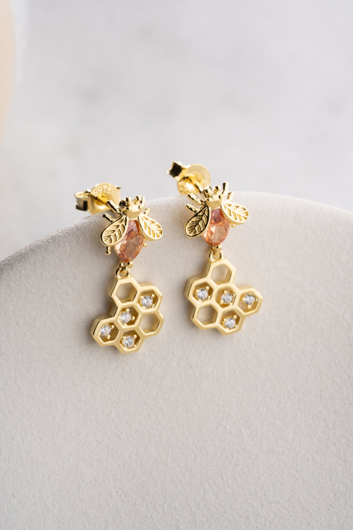 Bee Honeycomb Drop Earrings in Gold