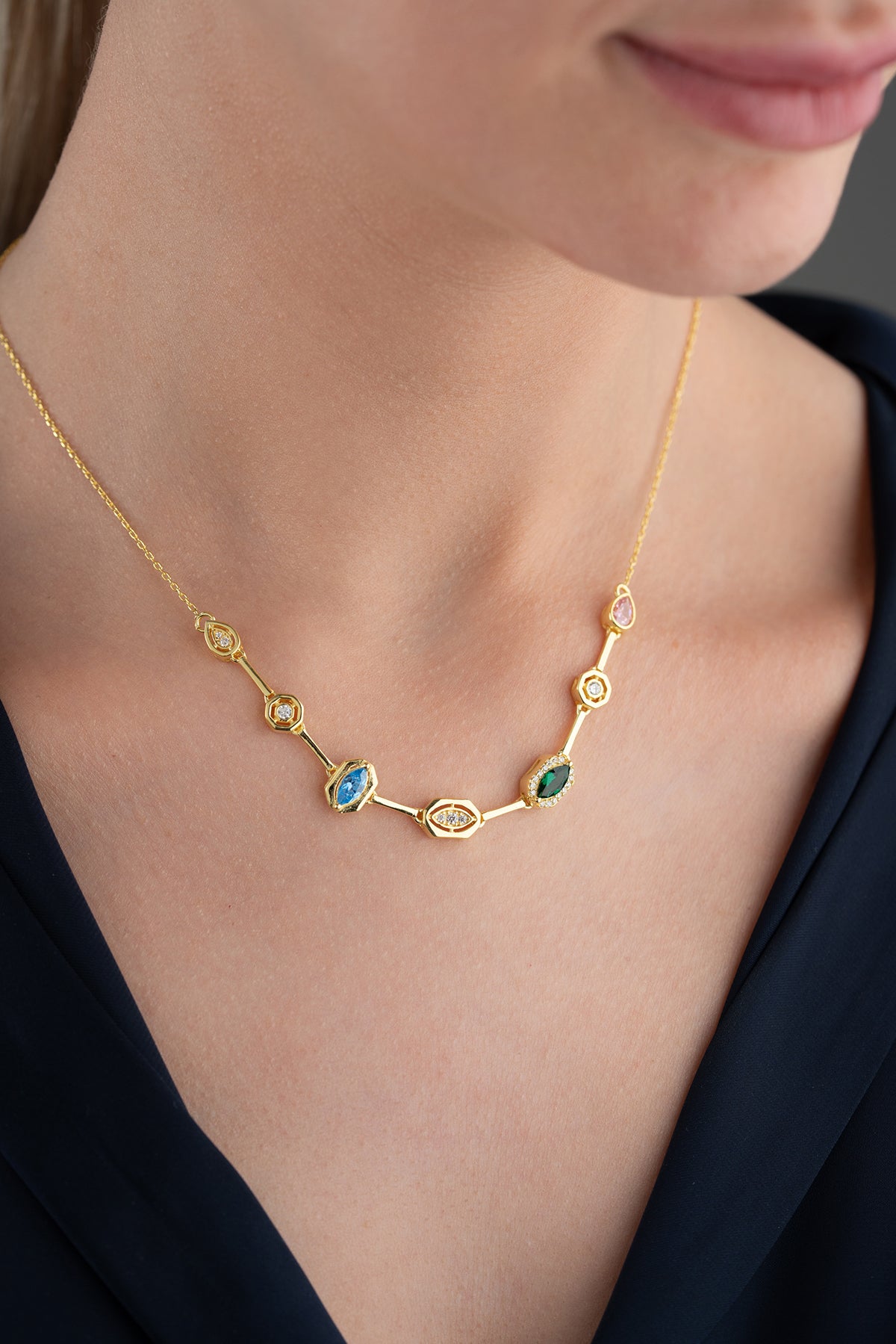 Elegant Multi Gemstone Station Necklace