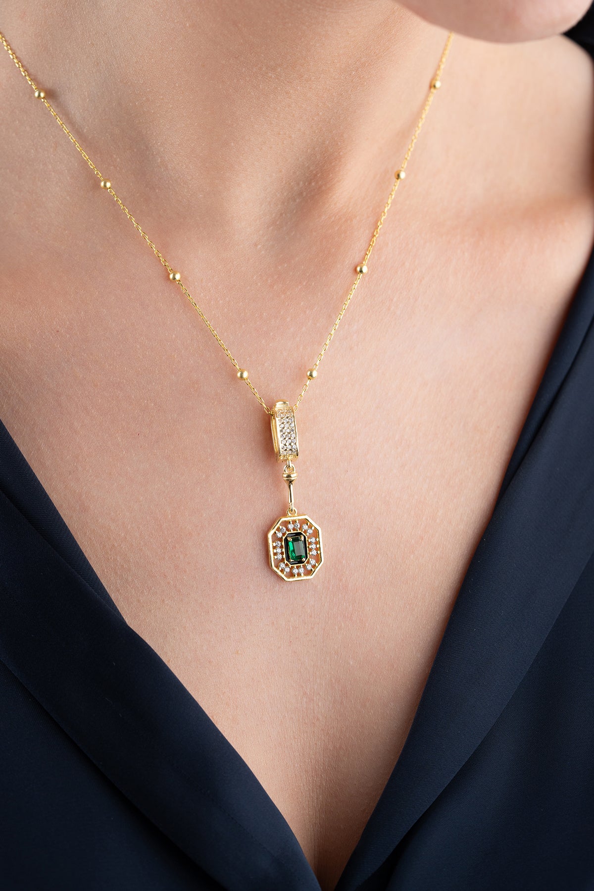 Gold Emerald Cut Halo Necklace