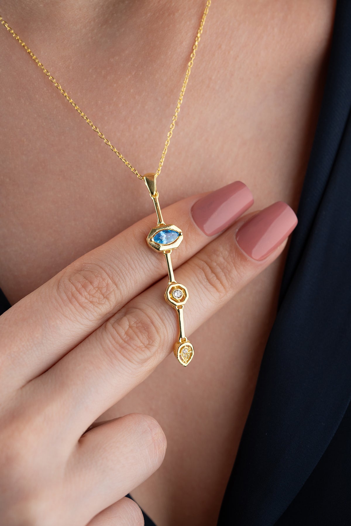 Blue Topaz Geometric Drop Necklace