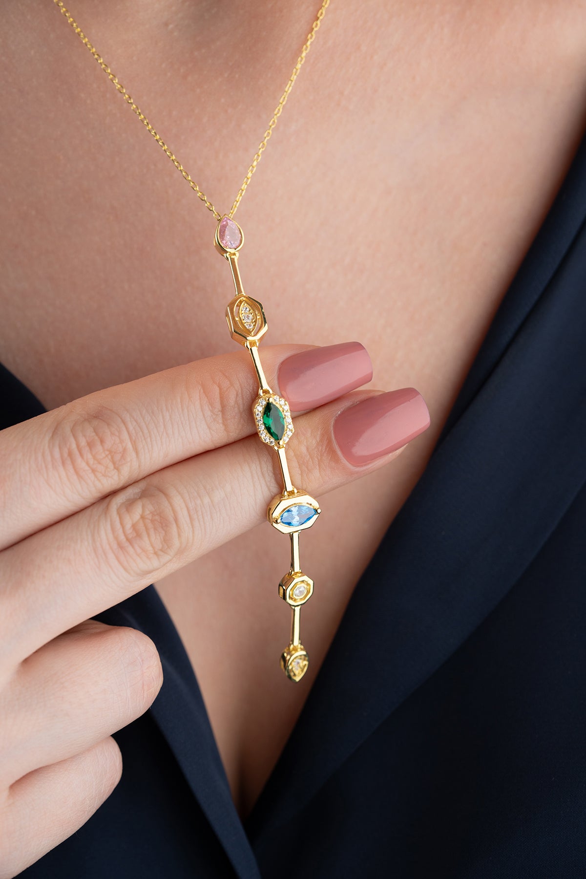 Multi Gemstone Vertical Drop Necklace